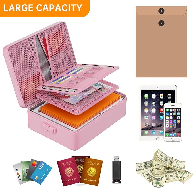 DocSafe 5200°F Fireproof Document Organizer Box with Lock, Pink (Soft) | Heat Insulated 8 Layers File Protection Bag,Water-Resistant Zipper,Portable Home Office Travel Safe Storage for Files,Laptop
