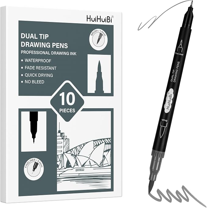 10 Pack Gray Markers for Coloring,1-6mm Dual Brush Pens with 0.4mm Fine Tip Markers,Gray Drawing Pens for Art Drawing Sketching Calligraphy