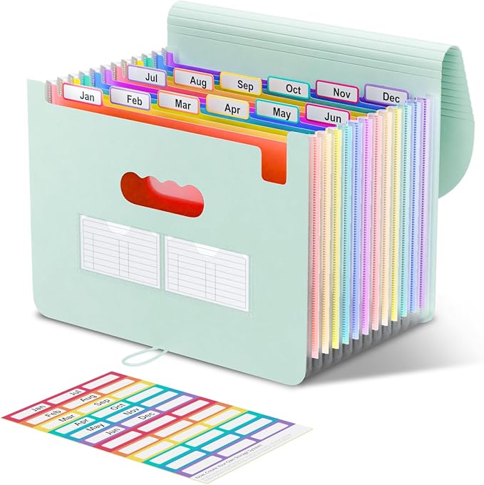 ThinkTex Accordion File Organizer, 12 - Pocket Expanding File Folders | for Receipts, Bills & Taxes Organizer, Letter/A4 Size Document Holder for School, Office, Home with tabs-Sage Green