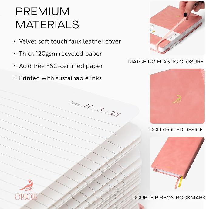 Oriole Vegan Leather Ruled Notebook - Pink | 176 Pages of Thick Lined Paper | Soft Touch Hardcover Journal (5 x 8 in) with Gold Foil Bird Design & Luxury Gift Box