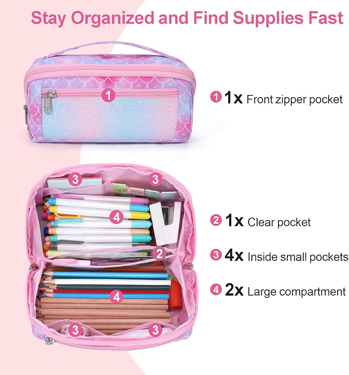 Large Pencil Case for Girls - Aesthetic Pencil Pouch for School | Kids Pencil Case & Wide Handle, Water Resistent Organizer Box,Fits 50 Pens & Markers, Daily Use, Glitter Pink Memarid