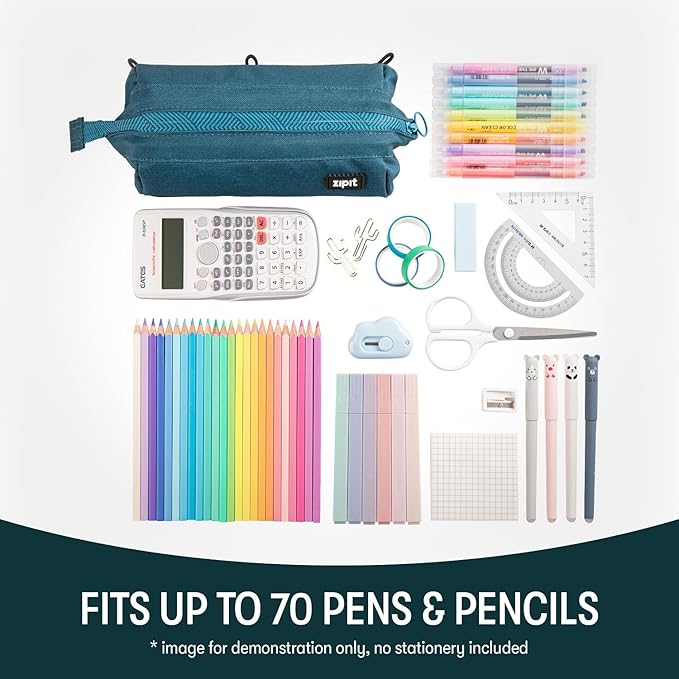 ZIPIT: Lenny Pencil Case - Teal - Large Storage Capacity Zipper Pouch, Makeup & Stationery Bag, School-Travel, Washable Polyester, Kids-Teens-Adults