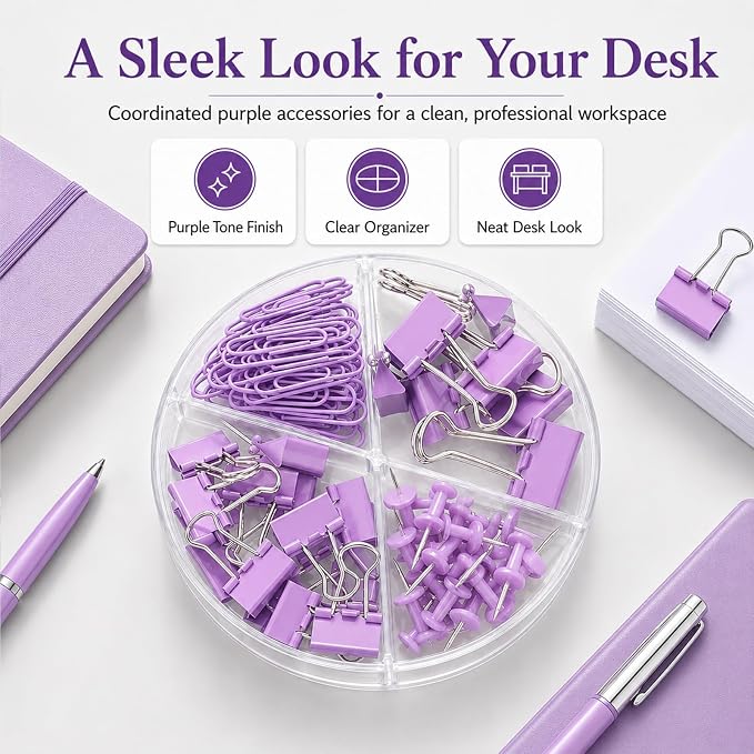 Purple Binder Clips and Paper Clips Push Pins Tacks Sets, Total 72 PCS Assorted Sizes Office Supplies Set for Women, Student, School, Home & Desk Supplies