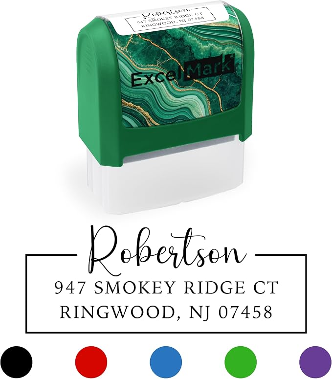 ExcelMark Custom Return Address Stamp (Green, Signature Frame) | Custom Return Address Stamp with Elegant Designs, Vibrant Colors & Patterns – Perfect for Mail, Invitations & Gifts