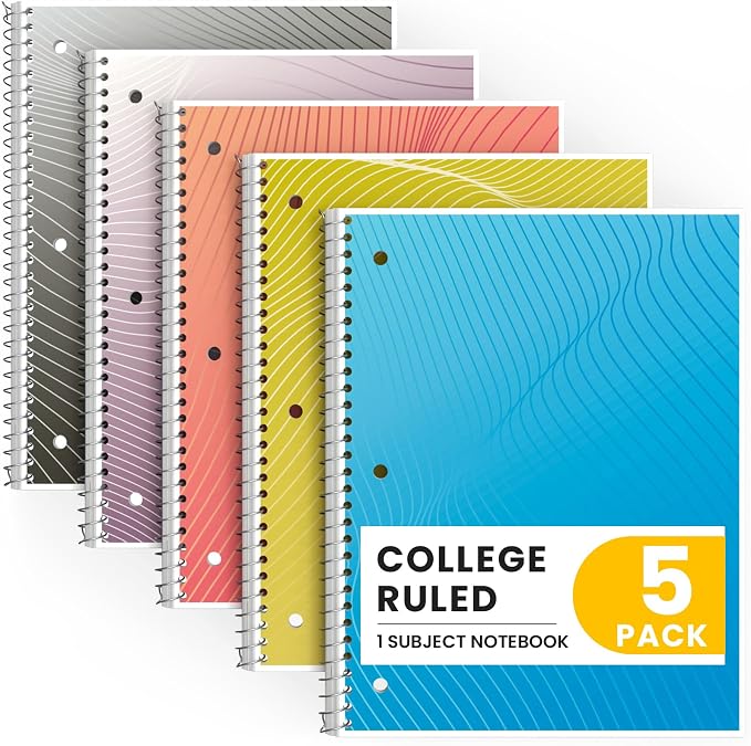 Oucaru College Ruled Spiral Notebooks, 8x10.5 Subject Notebook for School | 5 Pack 1-Subject Notebooks with 70 Sheets Per Book, 3-Hole Punched Lined Paper, Bulk College Ruled Notebooks for School