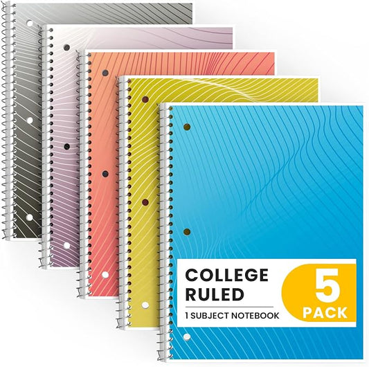 Oucaru College Ruled Spiral Notebooks, 8x10.5 Subject Notebook for School | 5 Pack 1-Subject Notebooks with 70 Sheets Per Book, 3-Hole Punched Lined Paper, Bulk College Ruled Notebooks for School