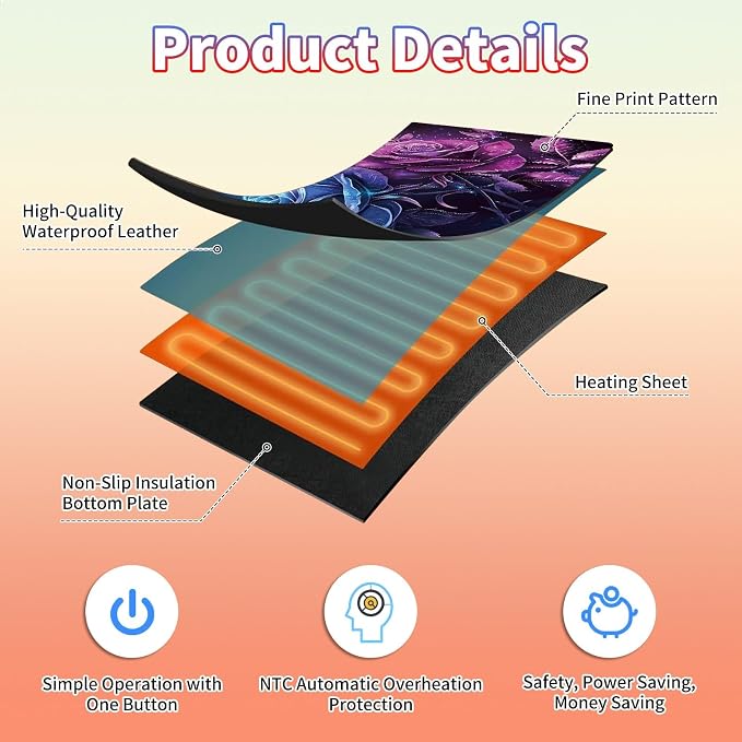 Heated Desk Pad Large Mouse Pad 23.6 x 14.1 inch with 3 Levels Heating & Auto Shut-Off Warm Mouse pad PU Leather Computer Mousepad for Home Office Work - Blue and Purple Rose Flower