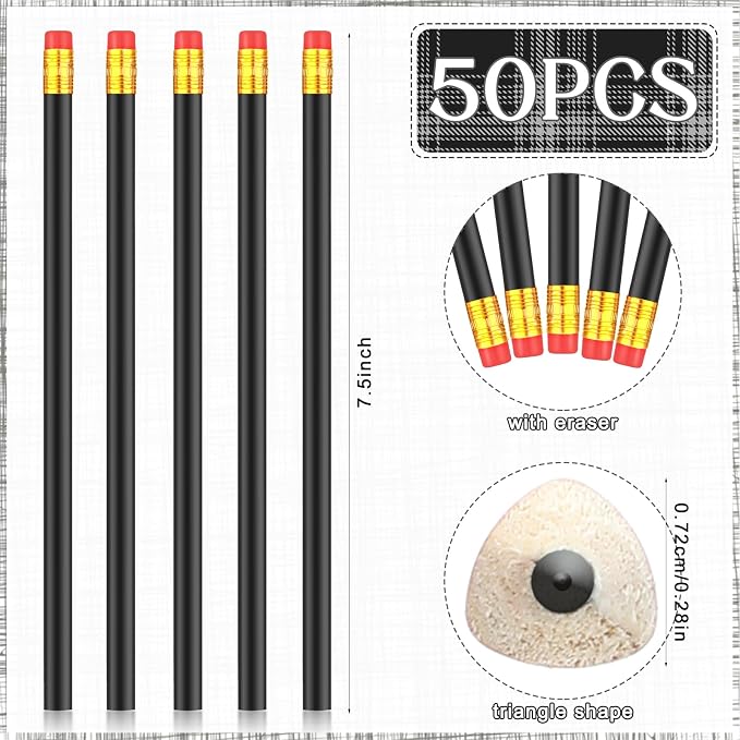Tinlade 50 Pcs Black Triangular Grip Pencils Wood Wedding Pencils HB Graphite Pencil Pack Eraser for Baby Shower Drawing Sketching Bridal Shower Office Supplies