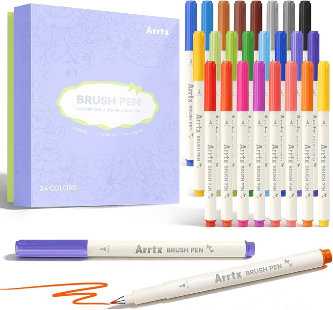 Arrtx Brush Marker Pens 24 Colors, Water-Based Ink Brush Pens for Hand Lettering, Journaling, Sketching, Outline Drawing & Illustrations,Art Supply