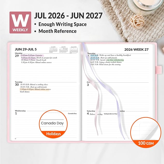 SUNEE 2026-2027 Weekly & Monthly Hardcover Planner 5.5" x 8.3" - 12 Month (July 2026 - June 2027), Small Academic Year Calendar Planner, Pocket, Notes, 100 GSM Paper, Pink