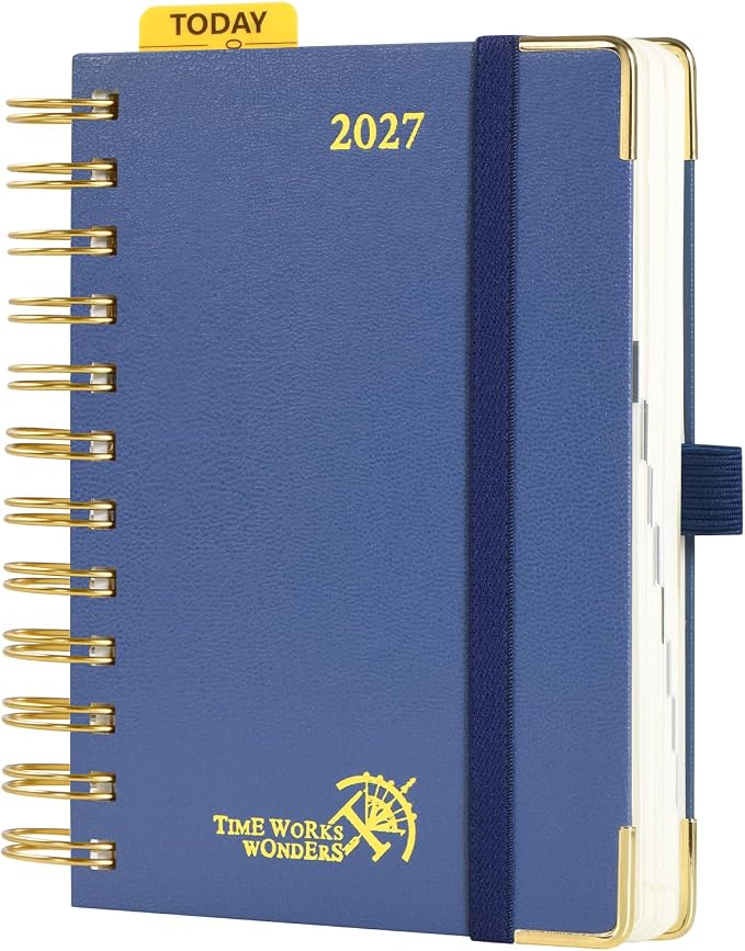 POPRUN 2027 Daily Planner One Page Per Day, Small 4.25" x 6.25", Calendar Book from Jan 2027 - Dec 2027, Hardcover Appointment Book with Hourly Time Slots, Spiral Bound - Navy Blue