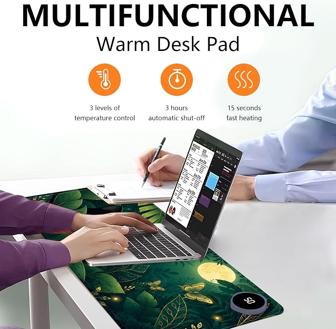 Large Heated Mouse Pad–23.6" x 14.2" Desk Mat for Office | 3 Adjustable Heat Levels,Auto Shut-Off After 3 Hours for Safety,Keeps Hands Warm While Working，Jungle Black Cat