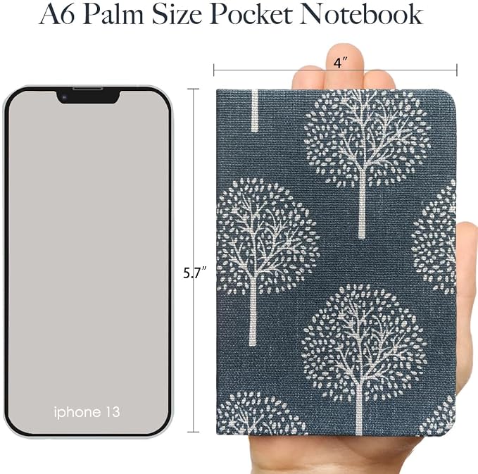 Pocket Journal, Linen Notebook, A6 Journal, 4x6, Hardcover, Lay Flat, Thick, Small, Lined Notebook & Unlined Sketchbook, The Tree of Life, Navy Blue