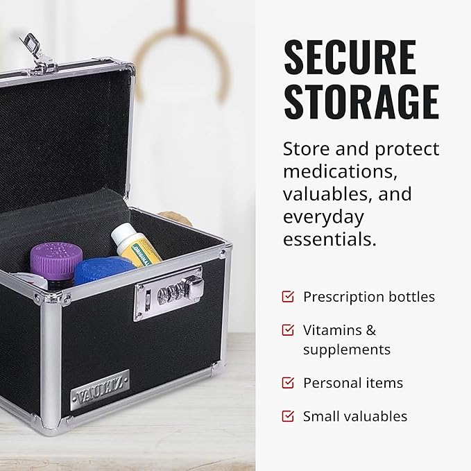 Vaultz Locking Security Box, Combination Safe for Valuables & Cash, Black | Small safe measuring 9.88 x 7 x 7.75 in, sturdy steel lockbox with reinforced corners, 3-digit combination, no keys needed