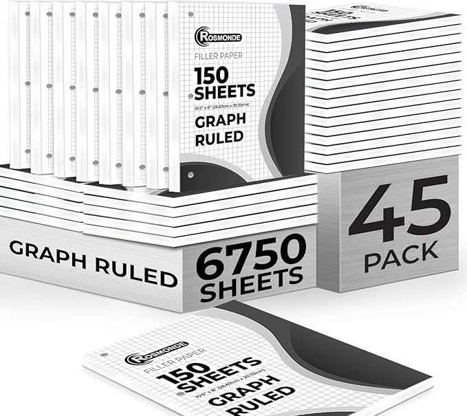 Rosmonde 6750 Sheets Graph Paper Bulk, 45 Pack, Bulk Quad Ruled Sheets | Thick Graphing Paper, 4x4, 8" x 10.5", 3 Hole Punched, Fights Ink Bleed, Bulk Loose Leaf Paper, Bulk Office & School Supplies