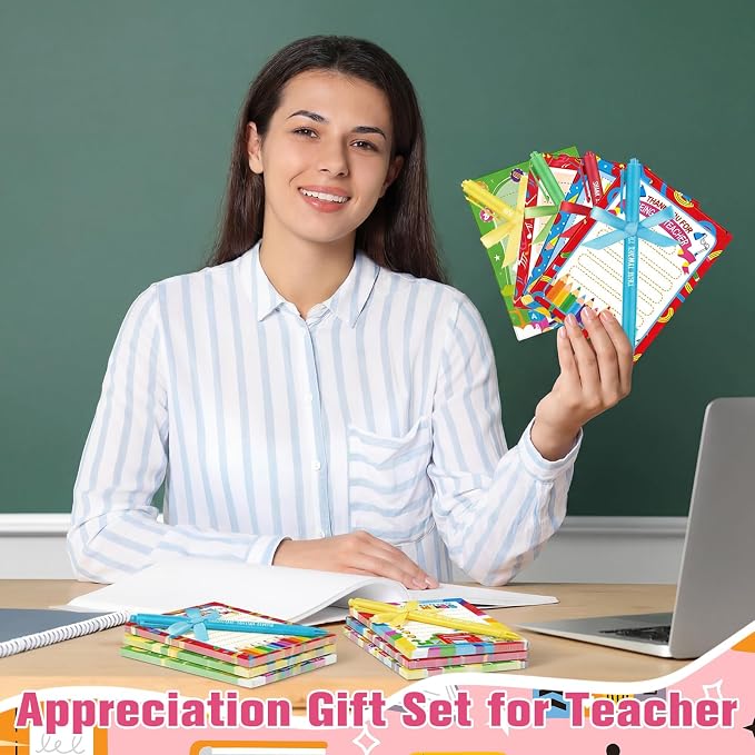 Eaasty 48 Pcs Back to School Teacher Gifts Bulk Cute Notepads and Ballpoint Pens with Ribbon Inspirational Thank You Gifts for Teacher, Classroom, Office, Staff, Coworker