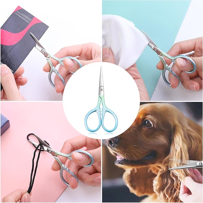 Small facial hair scissors, stainless steel (blue) versatile retro beauty kit for men's and women's bathrooms, nose hair, eyebrows, eyelashes, beard trim, with PU sheath