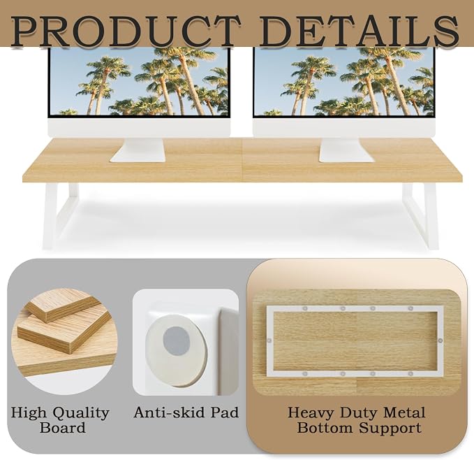 TEAMIX 31.5 inch Dual Monitor Stand Riser, Laptop/TV Stand, Desk Organizer | Long Stand Riser for 2 Monitors, Wood & Steel Computer Stand, Holds 150lbs, Keyboard & PS5 Storage, For Home Office & Gaming
