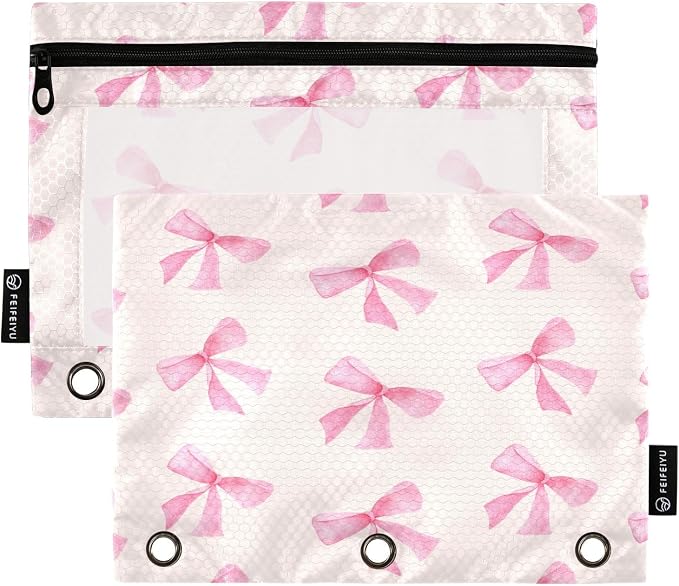 Pink Bow Pencil Pouch Fits Standard 3-Ring Binders, Zipper Binder Pencil Bag with Clear Window for Office 2 Pack