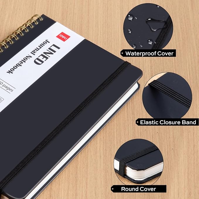 deli Black Lined Spiral Journal Notebook, 160 Pages, A5 (5.5"x8") Hardcover Writing Notebook, College Ruled Spiral Bound Journal for Women & Men - Perfect for Work, School, Office & Note Taking