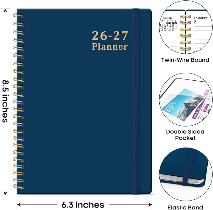 Planner 2026-2027, 6.3" x 8.5" Weekly and Monthly Academic Year Planner Calendar, July 2026 - June 2027, Hardcover Large School Planning Agenda With Tabs, Perfect for School & Office Supplies, A5, Navy Blue