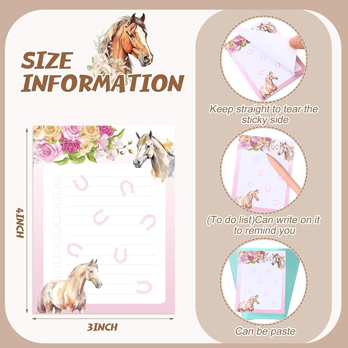 Chiisong 12 Pieces Horse Sticky Notes to Do List Notes Horses Lover Gift for Women, 3x4 Inch Animal Writing Memo Pads Flower 30 Sheet Pads, Animal Self Stick Memo Office Supplies Cute Small Gift