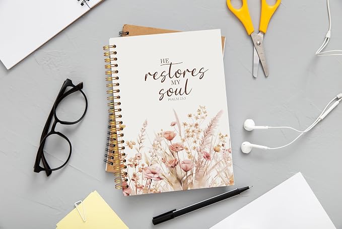 Christian Notebook for Women, Christian Gifts Journal, Prayer Journal for Women, Bible Journaling Notebook, PSALM 23:3 He Restores My Soul Floral Spiral Notebook 5.5x8.3