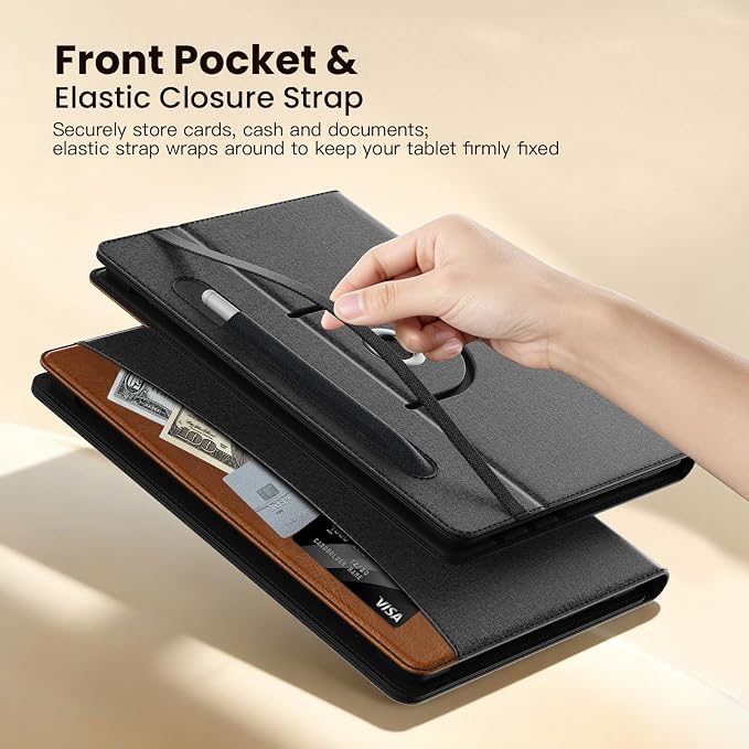 MoKo for Universal 11 inch Android Tablet Case with Pen Holder, Black Brown | Fits All 9.6-11 inch Tablets, Slim 360 Degree Rotating Cover, Multi-Angle Stand, Front Pocket, No fit iPad/NO back opening