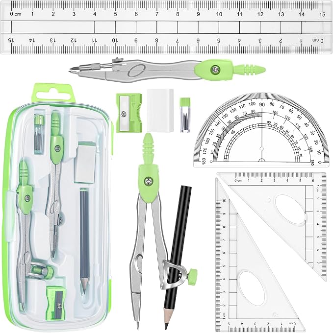 Zonon Math Geometry Set for Students 10 Pcs Compass Geometry Tools Kit Includes Protractor Compass Lead Refills Rulers Pencil Sharpener Eraser Pencil Storage Box for Drafting and Drawings(Green)