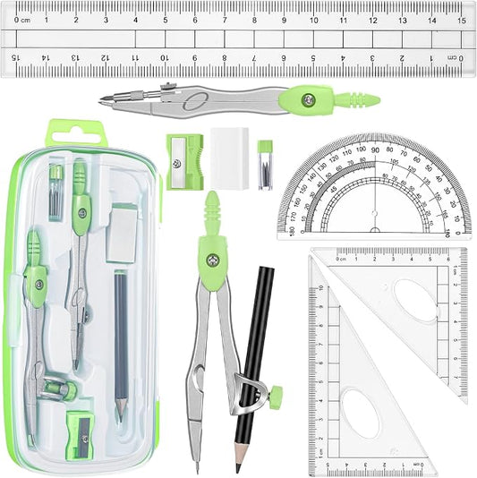 Zonon Math Geometry Set for Students 10 Pcs Compass Geometry Tools Kit Includes Protractor Compass Lead Refills Rulers Pencil Sharpener Eraser Pencil Storage Box for Drafting and Drawings(Green)