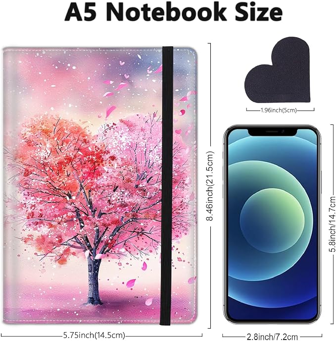 A5 Leather Lined Journal Notebook, 200 Pages Hardcover Executive Notebook for Office Note Taking, Thick Writing Paper Daily Journal with Bookmarks/Indexes, Heart Shaped Tree