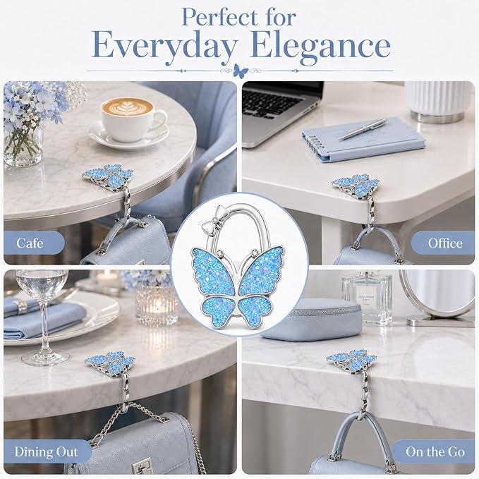 Purse Hook for Table, Foldable Handbag Hanger for Women, Portable Bag Holder with Non-Slip Base, Cute Star Light Blue Butterfly Purse Table Hook for Restaurant Office Travel Gift