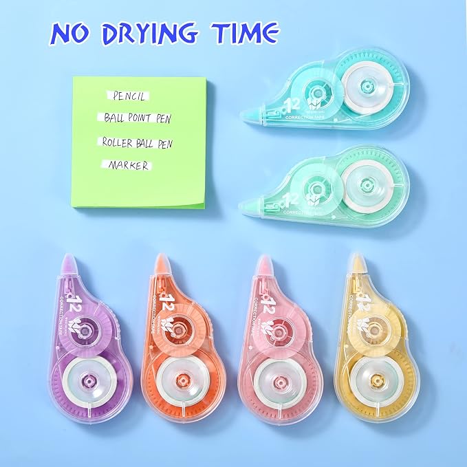 Yexiya 12 Pcs Correction Tape Eraser 0.2 Inch x 39.4 Feet White Tape Original Correction Wide Eraser Easy to Use Applicator for Back to School Supplies Student Study Supply(Rainbow Color)