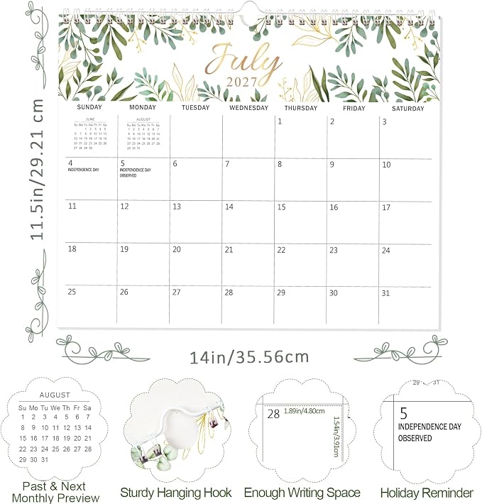 GuassLee Wall Calendar 2026, 19-Months Hanging Desk/Wall Calendar Runs From Jun. 2026 to Dec. 2027, 14" x 11.5" Monthly Planner Wall with Thick Paper, Plant Design for Office School Home Organizing