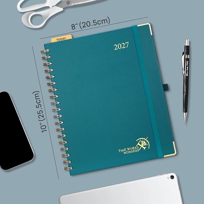 POPRUN 2027 Planner Daily Weekly and Monthly Calendar with Hourly Schedule, Monthly Tabs(Large Size 10'' x 8'' Wire-Bound Hard Cover) - Agenda 2027 (Jan.2027-Dec.2027) - Navy Blue