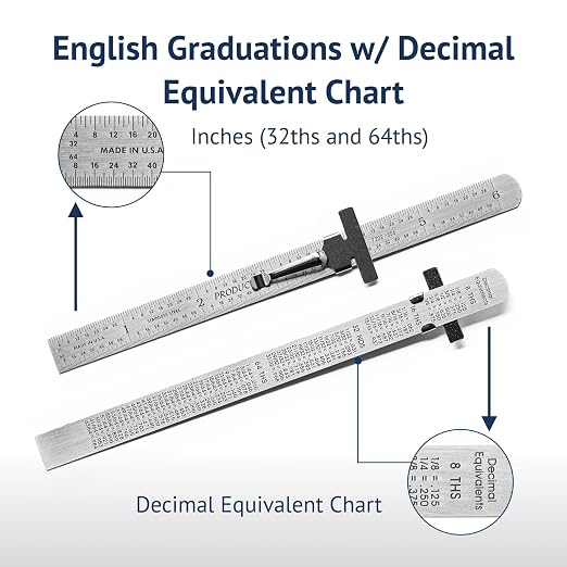 PEC Tools 6” Machinist Pocket Ruler – 3 Pack Bundle, Stainless Steel with Pocket Clip, Round End, 32nds and 64ths Graduations on Front, Decimal Equivalents Chart on Back, Made in USA
