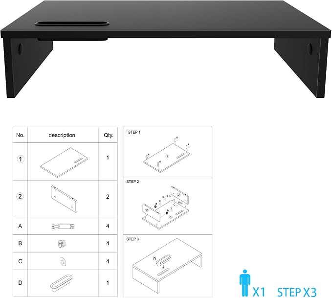 1home Ergonomic Monitor Stand Riser, 21.3 Inch Wood Desktop Stand with Cellphone Holder and Cable Management, Black | Wood Desktop Organizer with Cellphone Holder and Cable Management for PC, Laptop, Printer and Home Office Workspace