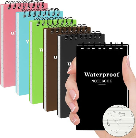 6 Pack 3x5" Waterproof Mini Notebook, Top Spiral Small Notepad for Outdoor | Pocket Notepad, Stone Paper Note Pads, All-Weather Tearproof Stain & Grease Resistant, for Camping Office Travel Work School