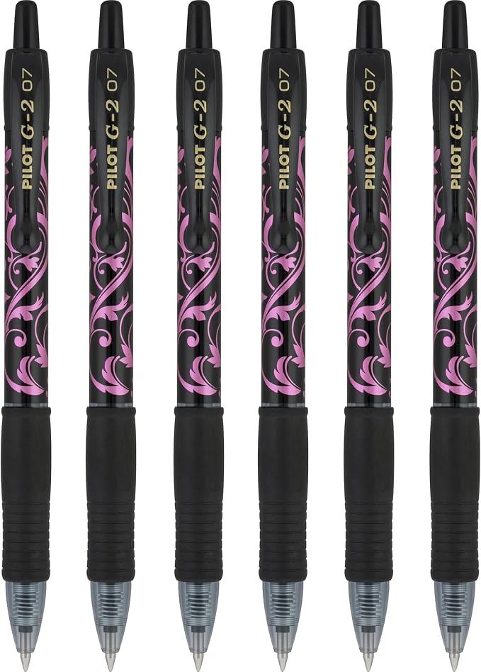 PILOT G2 Premium Gel Roller Pens, Fine Point 0.7 mm, Black Ink, Fashion Collection, Pink Floral Design, Pack of 6