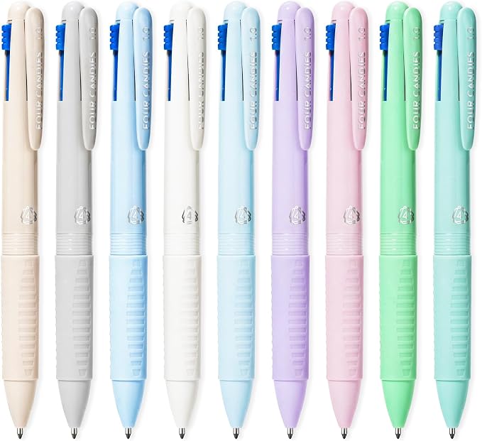 Four Candies Multicolor Pens, 4-in-1 Retractable Pens, 9 Count | Retractable Multi Color Pens Fast Dry, Smooth Writing for Planners and Journaling, Nurse Accessories for Work