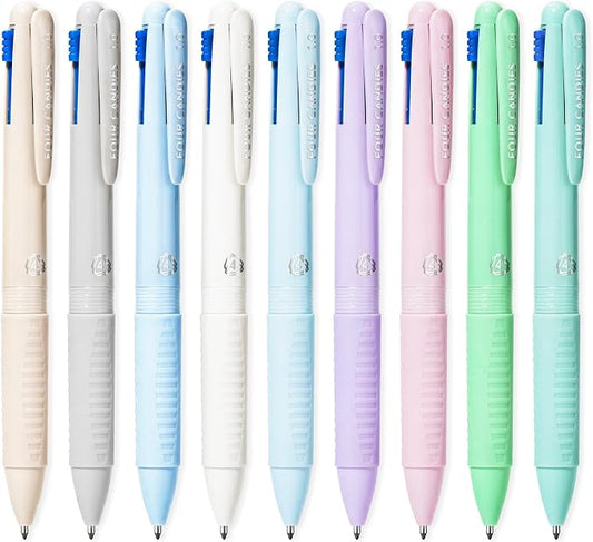 Four Candies Multicolor Pens, 4-in-1 Retractable Pens, 9 Count | Retractable Multi Color Pens Fast Dry, Smooth Writing for Planners and Journaling, Nurse Accessories for Work