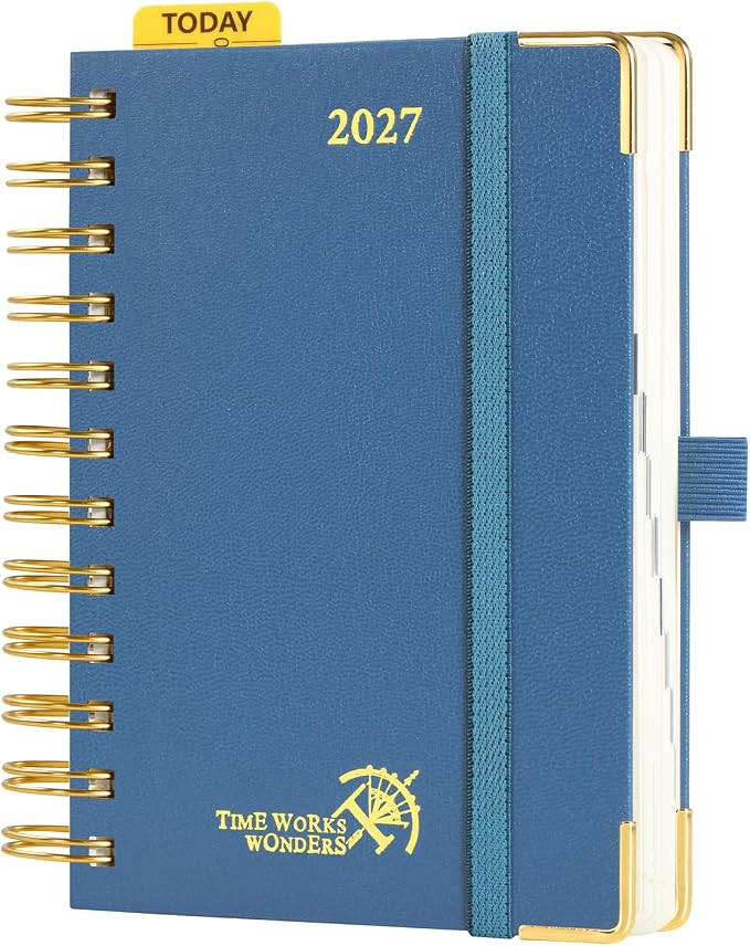 POPRUN 2027 Daily Planner One Page Per Day, Small 4.25" x 6.25", Calendar Book from Jan 2027 - Dec 2027, Hardcover Appointment Book with Hourly Time Slots, Spiral Bound - Night Sky Blue