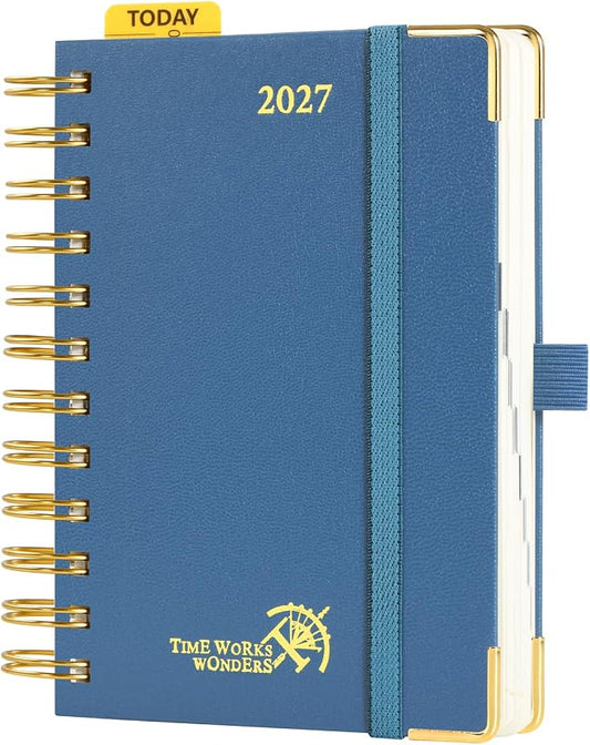 POPRUN 2027 Daily Planner One Page Per Day, Small 4.25" x 6.25", Calendar Book from Jan 2027 - Dec 2027, Hardcover Appointment Book with Hourly Time Slots, Spiral Bound - Night Sky Blue