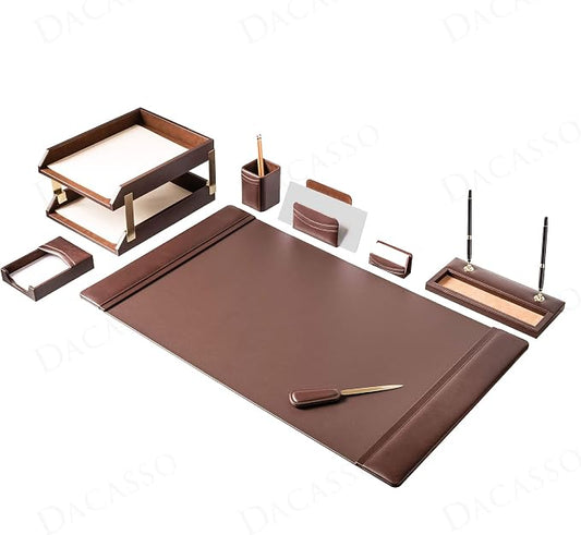 Dacasso Chocolate Brown Leather Luxury Desk Accessory Set - 10 Piece Executive Desk Decor - 34" x 20" Leather Blotter Pad & Organization Essentials