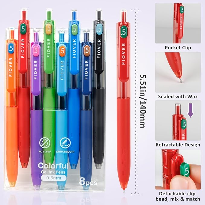 FIOVER Colored Gel Pens, 8 Pack, 0.5mm Fine Point | Quick Dry, Smooth Writing, For Journaling, Planner, Note Taking, School Supplies