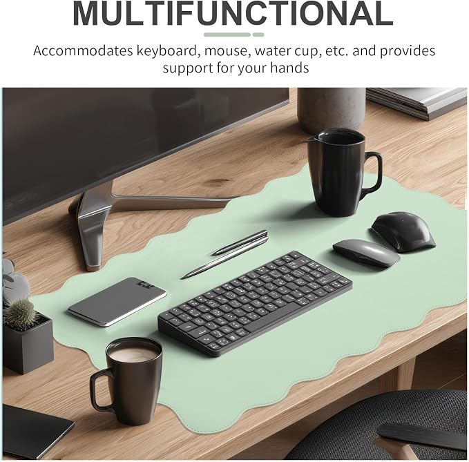Tellegloww Scalloped Desk Mat Leather Desk Pad Protector Non-Slip PU Leather Table Protector Waterproof Mouse Pad Keyboard Mat Curly Mousepad PC Accessories Gift for Office Home (Sage Green)