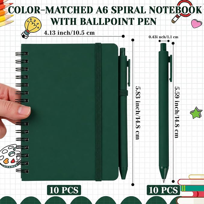Fulmoon 10 Set Small Spiral Notebooks A6 with Pens Bulk, Multicolor 4" x 6" Pocket Notebooks Mini Lined Journals 50 Sheets for Back to School Supplies Students Rewards Office Gifts (Forest Green)