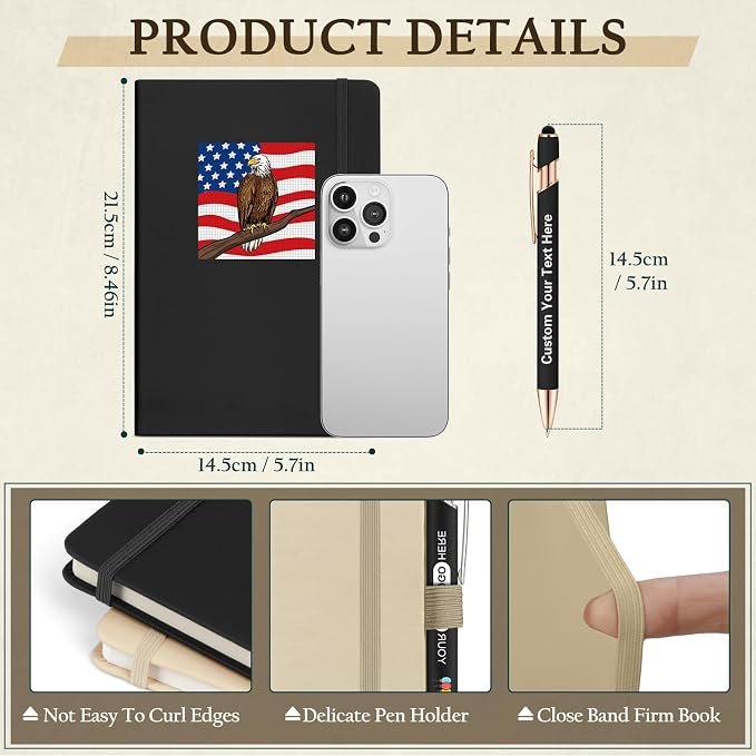 ENOMY Personalized Notebook Writing Set A5 Journal PU Leather Custom Notebook 200 Lined Pages Business Notebook with Metal Pen Gift Box for Holiday College Birthday Business Gift, Black