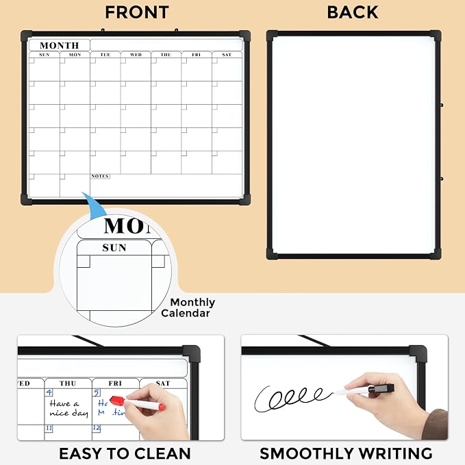 MaxGear Monthly Calendar Dry Erase Board for Wall, 16"x12", Black Frame | Double-Sided, Hanging Small White Board, Portable Whiteboard for Planning, Drawing, Memo, to Do List, Home, Kitchen, Office