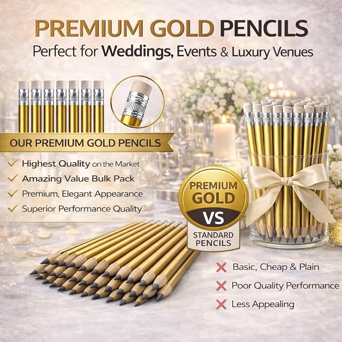 TH Golf 100pcs Golf Pencils, 4 Inch Mini Half Pencils with Eraser Sharpened Wood Mini Round for Schools Wedding Toddlers Home Corporate Multiple Colours (Gold)
